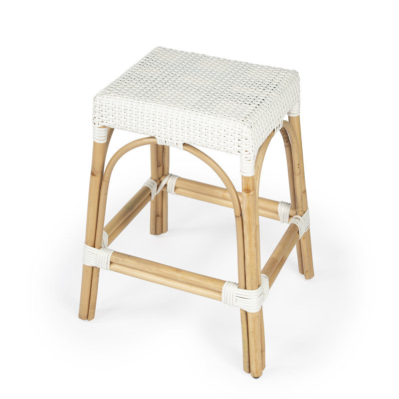 Tabouret de comptoir / de bar Lennart, Blanc brillant / cadre en rotin naturel