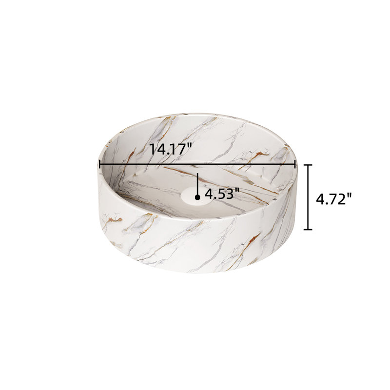 Lavabo de salle de bain 14 po, vasque ronde en céramique avec motif de pierre sans robinet, sans armoire, blanc brillant