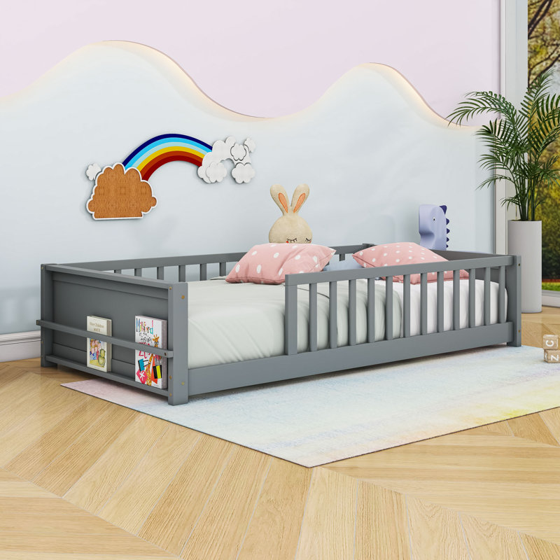 Twin Wood Floor Platform Bed With Built-In Book Storage Rack And Fence, Gray