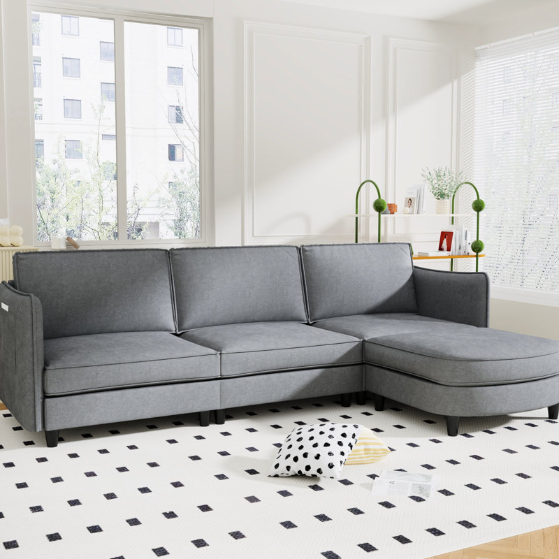 107.8'' Large 4 - Seat L Shaped With Hardware, Pocket Springs, Movable , Side Pockets For Apartment Living Couch Skin Fabric, Stable Structure, Arm Decor