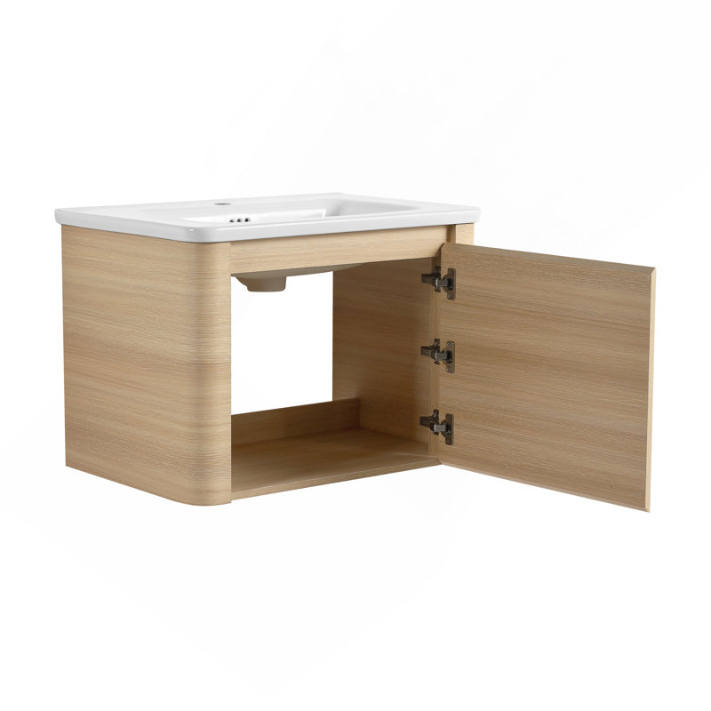 Ensemble de meuble-lavabo mural 28 po avec lavabo en céramique blanche et 1 porte à fermeture en douceur, contreplaqué, chêne blanc