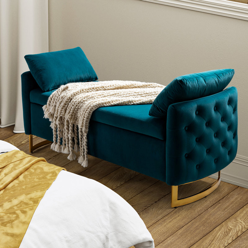 Banc de rangement moderne Aristides de 149 cm de large, capitonné, à couvercle rabattable et deux coussins, Sarcelle