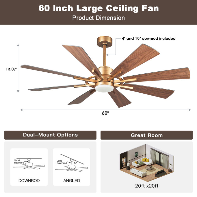 Trosclair 60'' 8- Blade Reversible DC Ceiling Fan with LED Lights and Remote Control