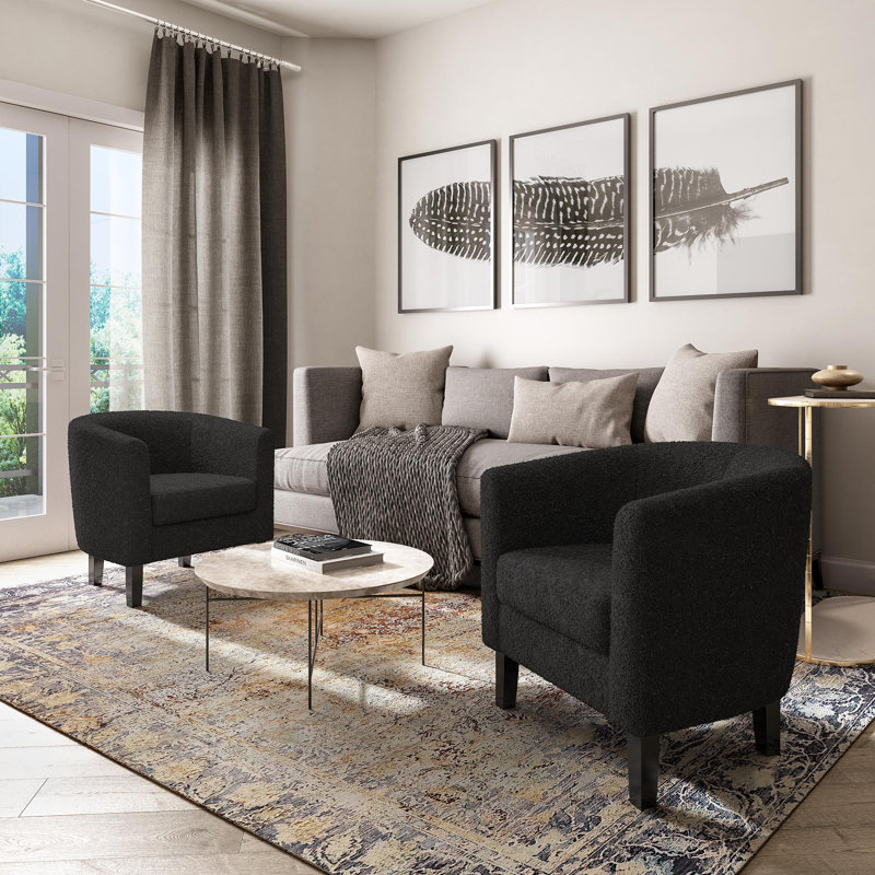 Fauteuil demi-tonneau de 26,77 po Munson, Polyester noir Teddy