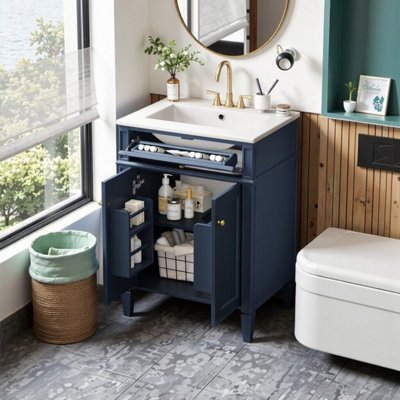 Single Bathroom Vanity with Ceramic Sink, Open Shelf, 2 Drawers