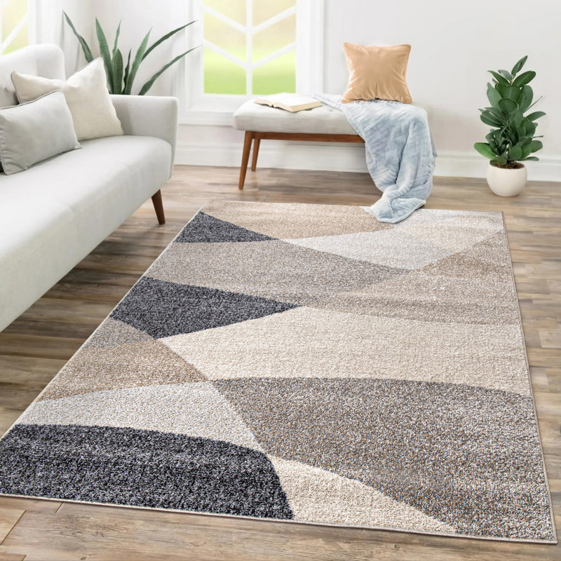 Modern Area Rug with Geometric Design in Beige Grey Cream, Rectangle 5'3" x 7'3"