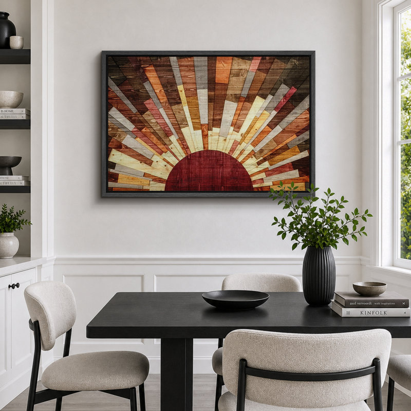 «Western Wood Effect Landscape Brown Sun Rays», impression rustique sur toile encadrée, H 24 po x l 36 po, Noir
