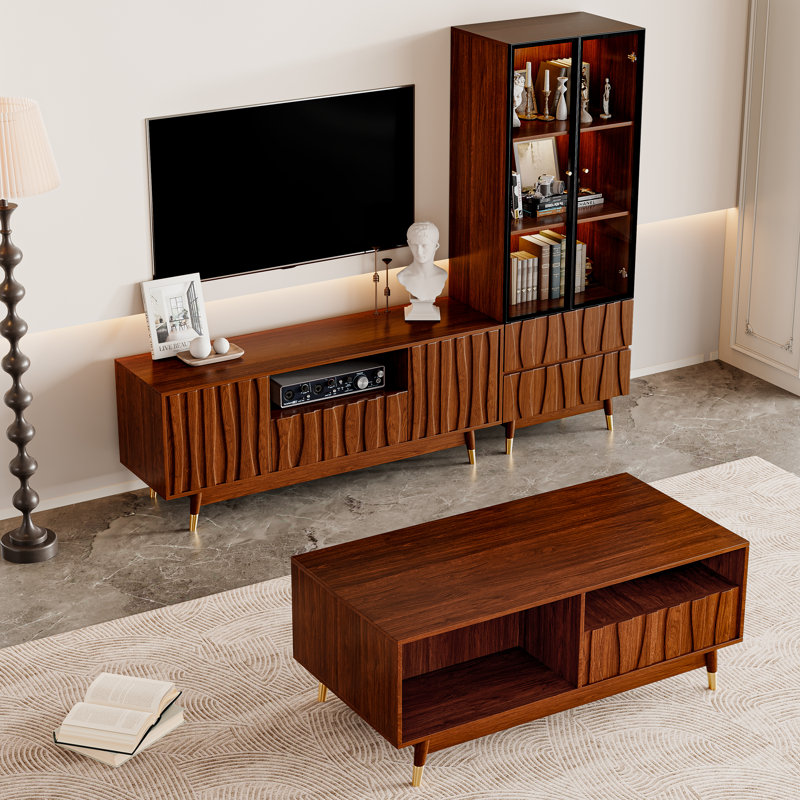 79.5" Brown Fluted Entertainment Center With Bookshelves Living Room Three-piece Set With Relief Panel And Solid Wood Feet For 55 Inch TV, Mid-Century Modern Wood TV Console and Glass Display Bookcase Coffee Table Set with Drawers and Storages