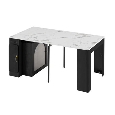 Extendable Dining Table with Storage Cabinet & Power Outlet, Marble Top Rolling Island Table for Small Spaces