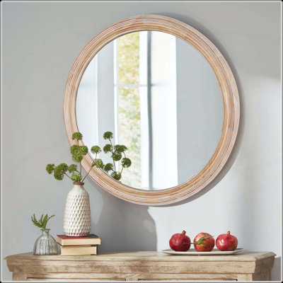 Round Wood Framed Wall Mirror with Ribbed Detail, 23.62" Natural Wooden Circle Mirror