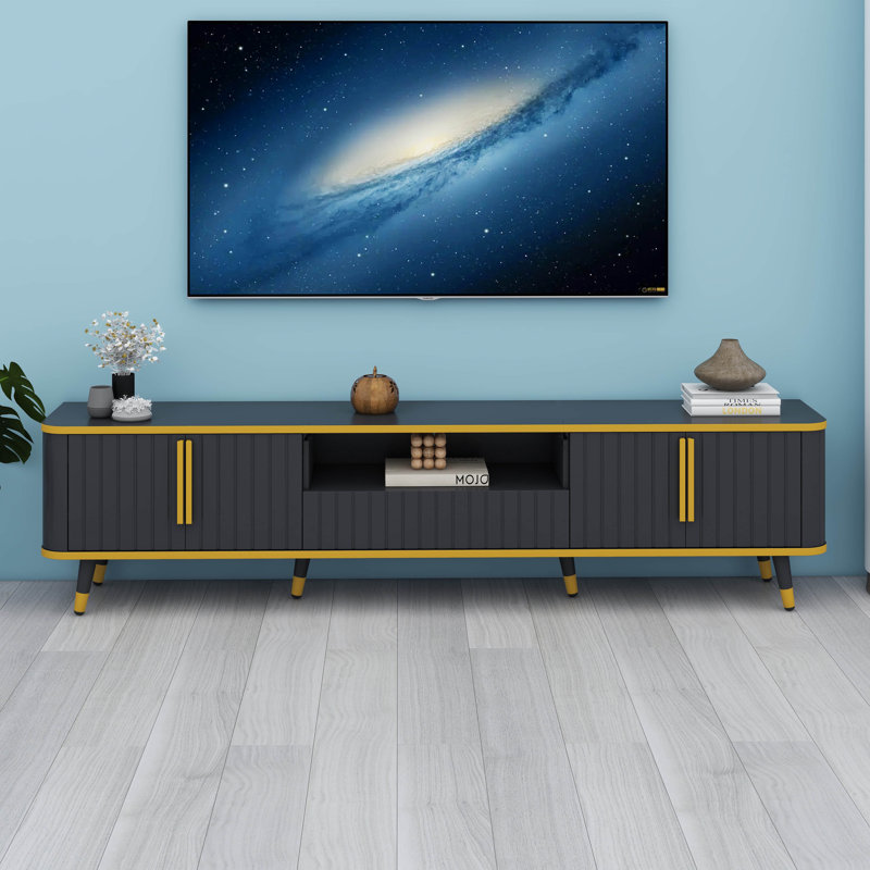 Meuble télé de luxe avec rangement ouvert, meuble audio-vidéo avec armoires et tiroirs, Or/noir