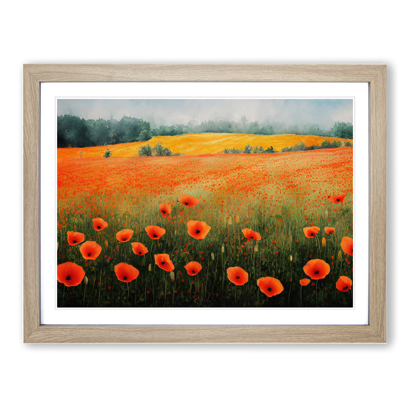 Poppy Field Watercolour Vol.3 - Framed Print, 25cm H x 34cm W x 2cm D, Oak