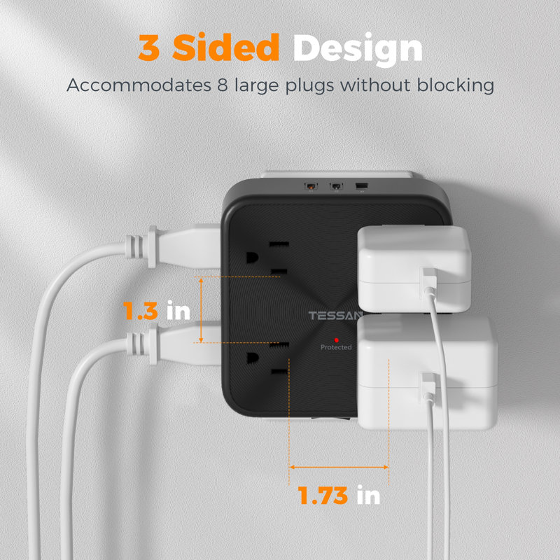 Protecteur de surtension mural à 8 prises avec rallonge et multiprise PD 20W avec 2 ports USB C et 1 port USB A