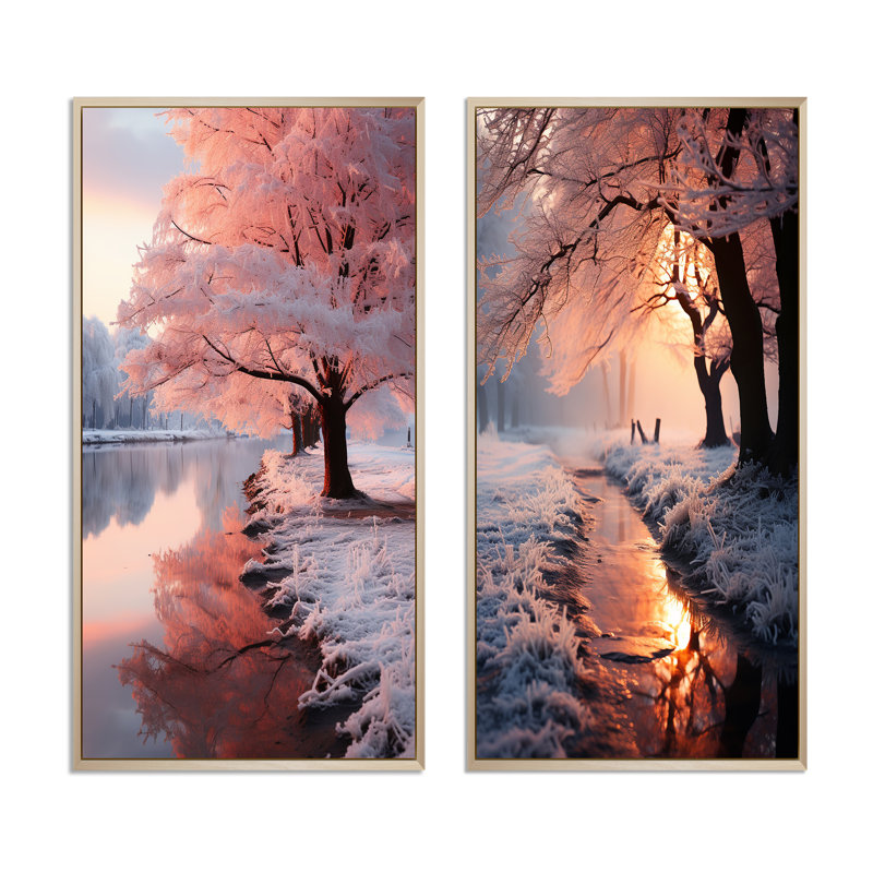 «Winter Peach Tree On Frosty Morning», 2 pièces sur toile, Encadrement brun, H 20 po x l 24 po