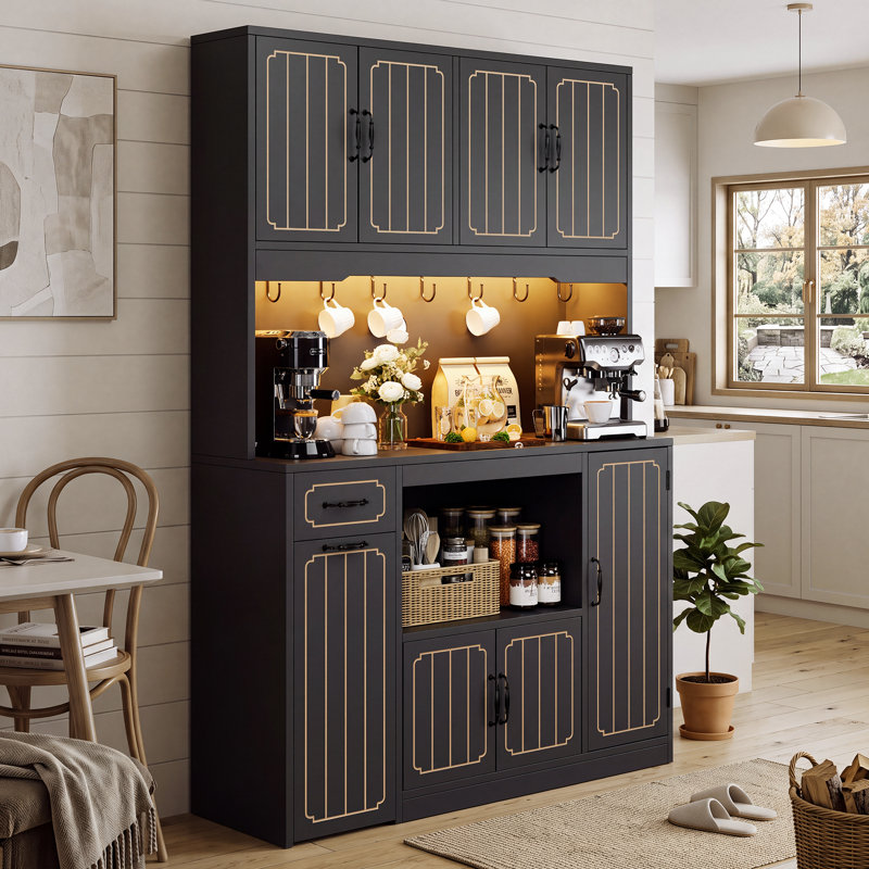 Armoire de cuisine avec crochets, tablettes réglables et tiroirs, Black