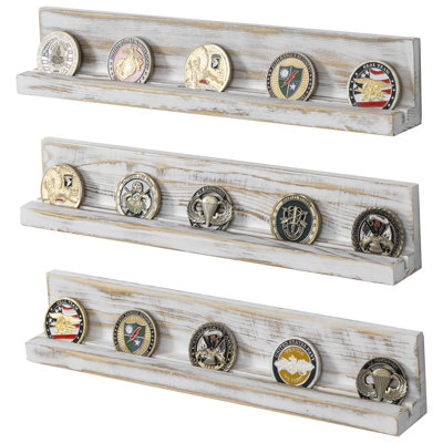Ensemble de 3 présentoirs muraux en bois défi - Support flottant blanchi pour pièces de monnaie et médaillons