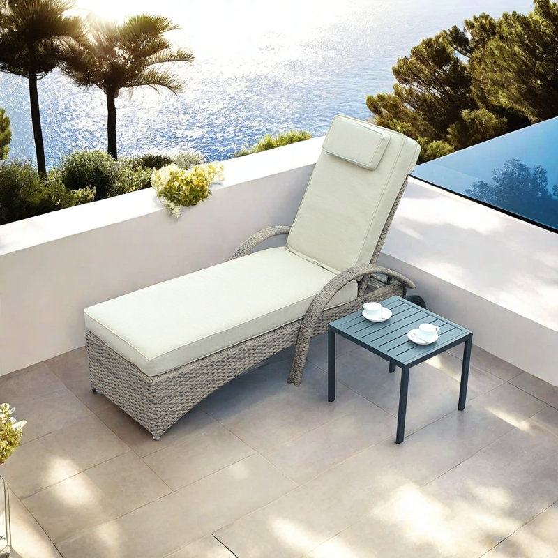Adjustable PE Wicker Lounge Chair Outdoor Chaise Lounge Set with Table , Cushion Included
