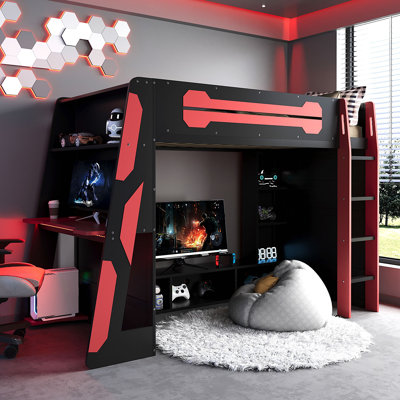 Lit mezzanine en bois avec bureau, tablettes multiples et lumière RVB