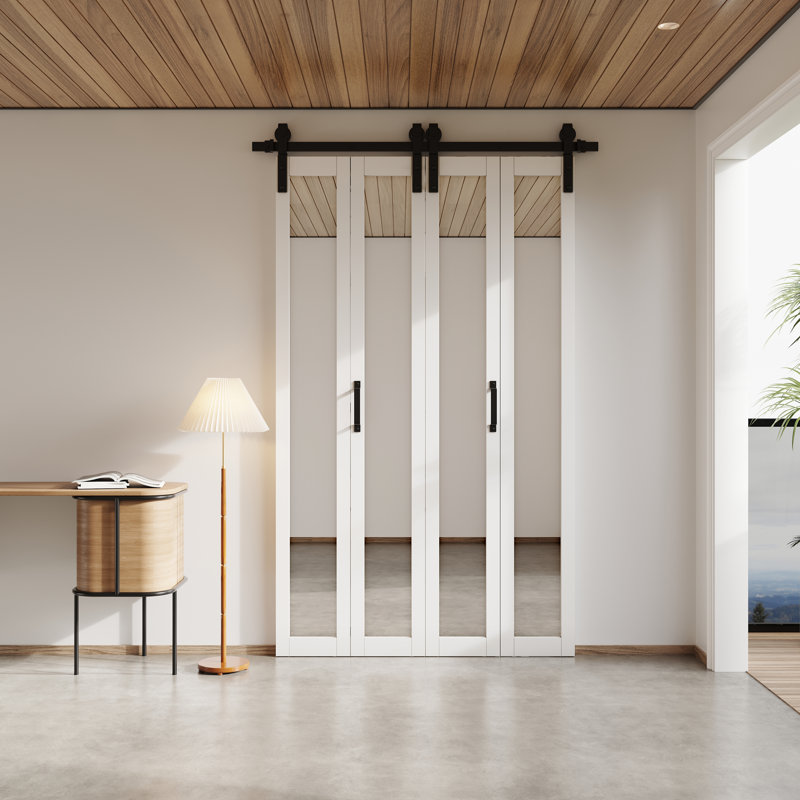 Mirrored Double bifold barn door 84'' Solid Manufactured Wood with Installation Hardware Kit, 50" x 84"