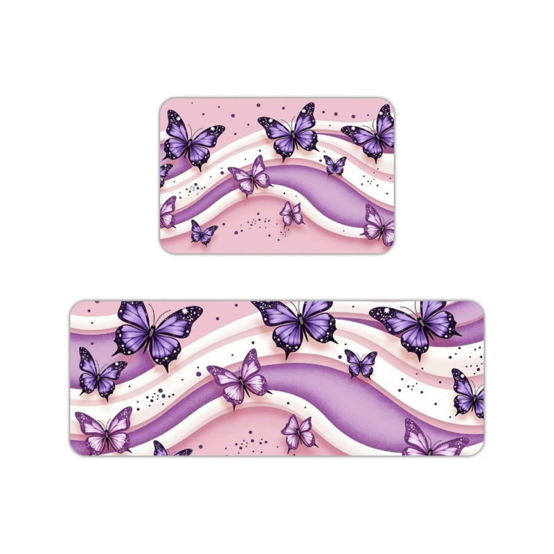 2 tapis de cuisine mauve à motif de vagues papillon, décoration moderne et ludique pour la cuisine et le salon