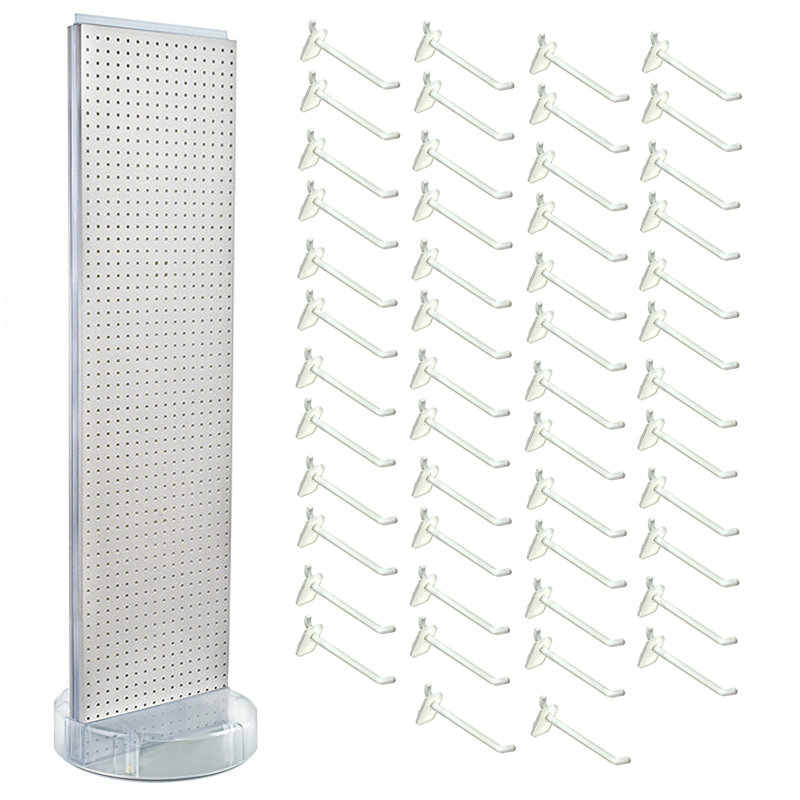 White Two-sided Pegboard Floor Display On Revolving Studio Base With (50) 6" White Hooks