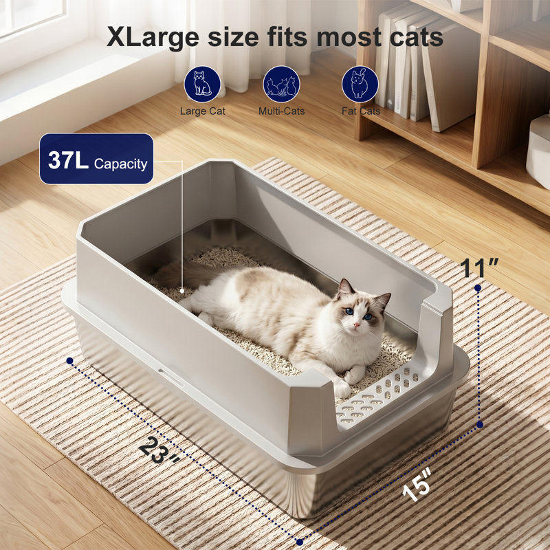 Bac à litière en acier inoxydable pour 2 petits chats, Gris argenté