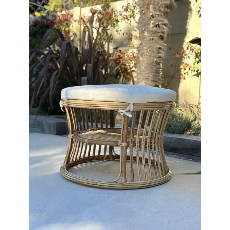 Dallis Natural Rattan and Beige Fabric Pouf
