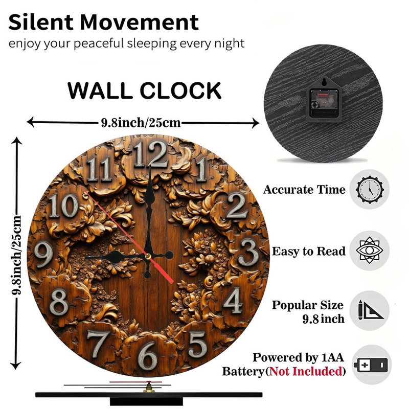 Horloge murale antique en bois sculpté à motif floral
