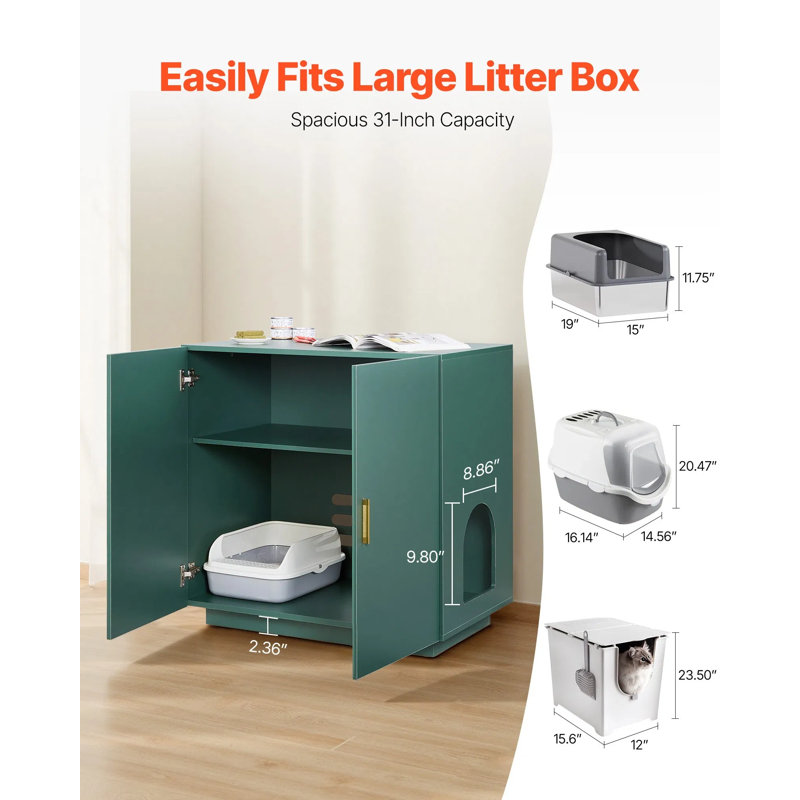 Enceinte pour litière 31,5 po - vert foncé caché | Toilette d'intérieur en bois pour chat (double porte + trous d'aération) | 36,23 po x 23,82 po x 5,91 po, multifonctionnel (table de bout / d'appoint) | Convient au salon / chambre à coucher | Toilette pour chat indispensable