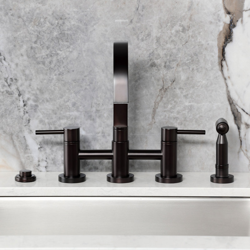 Kingston Brass Concord Two-Handle 4-Hole Deck Mount Bridge Kitchen Faucet with Brass Side Sprayer, Oil Rubbed Bronze