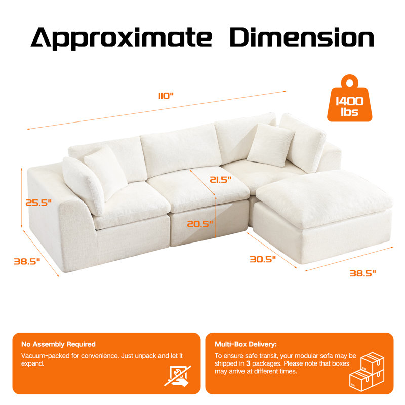 110" Boneless L-Shaped Modular Sectional Sofa with Ottoman, 3 Seat Chenille Cloud Couch for Living Room, No Assembly Required