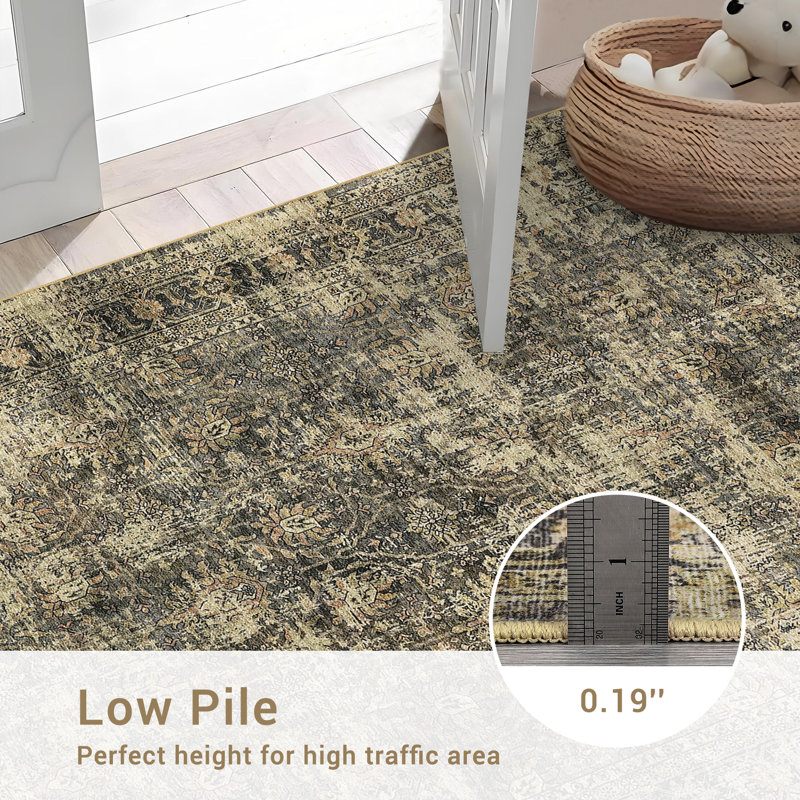 Machine Washable Rug Oriental Vintage Non-Slip Low Pile Rubber Backing Area Rug for Living Room Bedroom Kitchen Dining Room