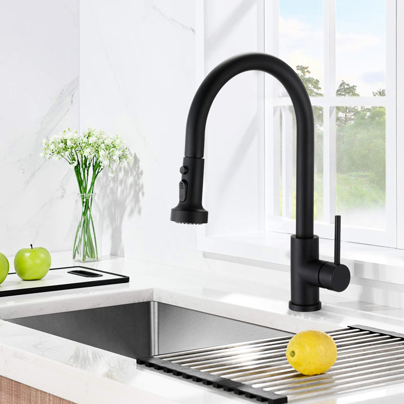 Stainless Steel Pull Down Faucet With Matte Black Exterior - Rust & Scratch , 360 Swivel Spout, Spray Head Control Buttons For Convenience Finish, Button-Controlled Water Flow, Easy To Install