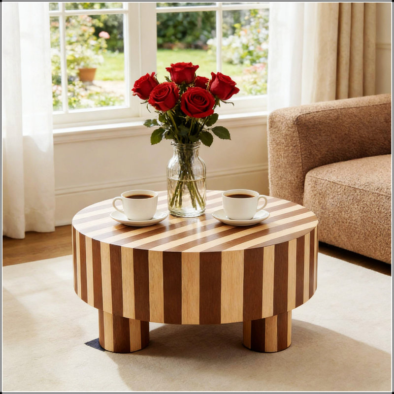 Table basse ronde en bois avec placage de chêne rayé