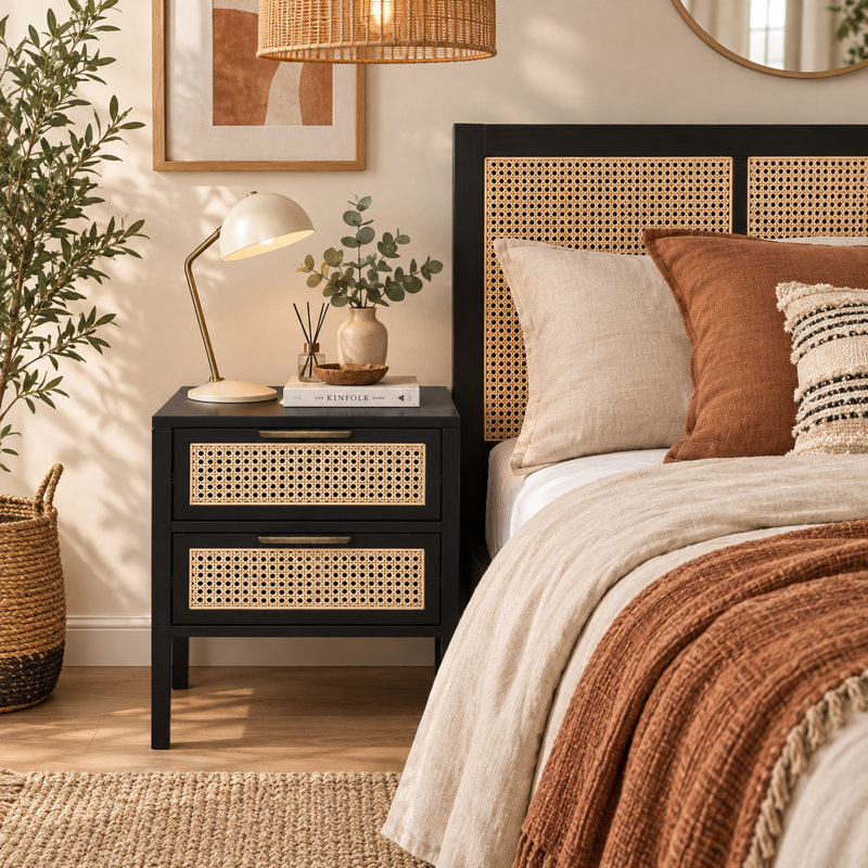 Tenaya Cane Bedside Table, Black