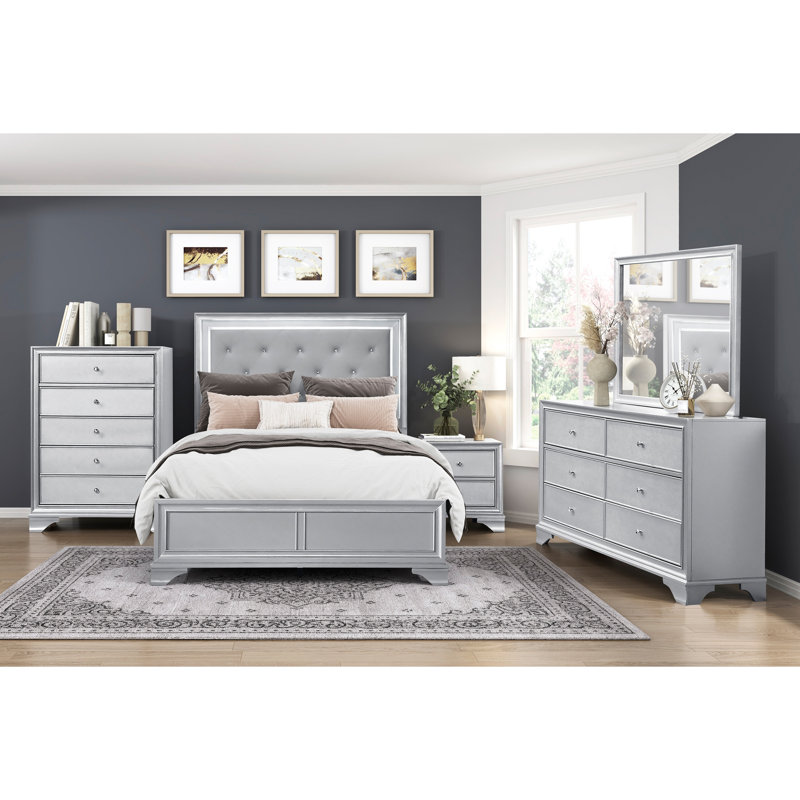Commode de chambre contemporaine à 6 tiroirs avec miroir Silver Glam