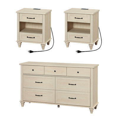 Ensemble de chambre à coucher WAMPAT - Comprend une commode à 7 tiroirs, une table de chevet avec station de charge et une tablette, des ensembles de commode et de table de chevet, beige