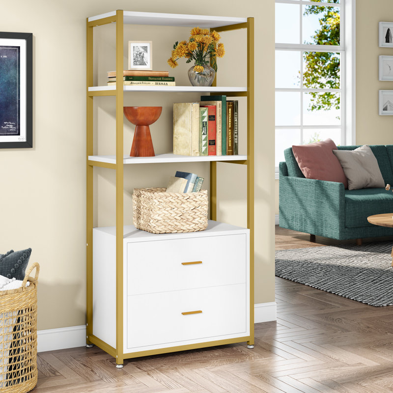 Bookcase, 4-Tier Bookshelf With 2 Drawers, Etagere Standard Book Shelves Display Shelf For Home Office, Gold/White