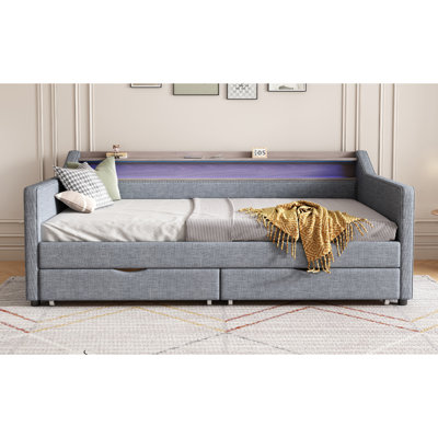 Lit de jour simple avec 2 tiroirs de rangement et tablette à 2 niveaux et / port USB / Type-C, structure de lit de jour rembourrée en lin moderne avec lumière DEL intelligente pour salon, appartement, gris clair