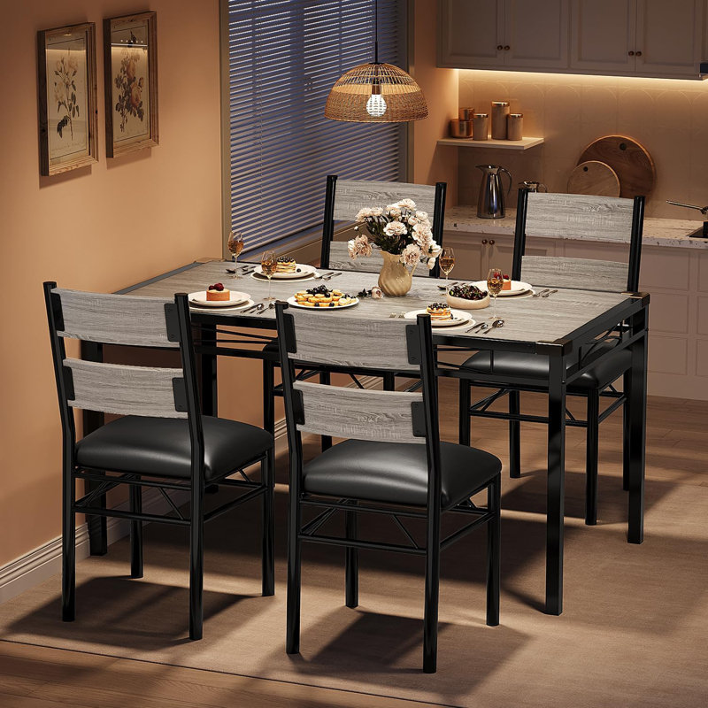 Ensemble de table de salle à manger pour 4 personnes avec chaises rembourrées, table de cuisine en bois avec protecteurs d'angle, gris rétro, pour appartement ou salle à manger