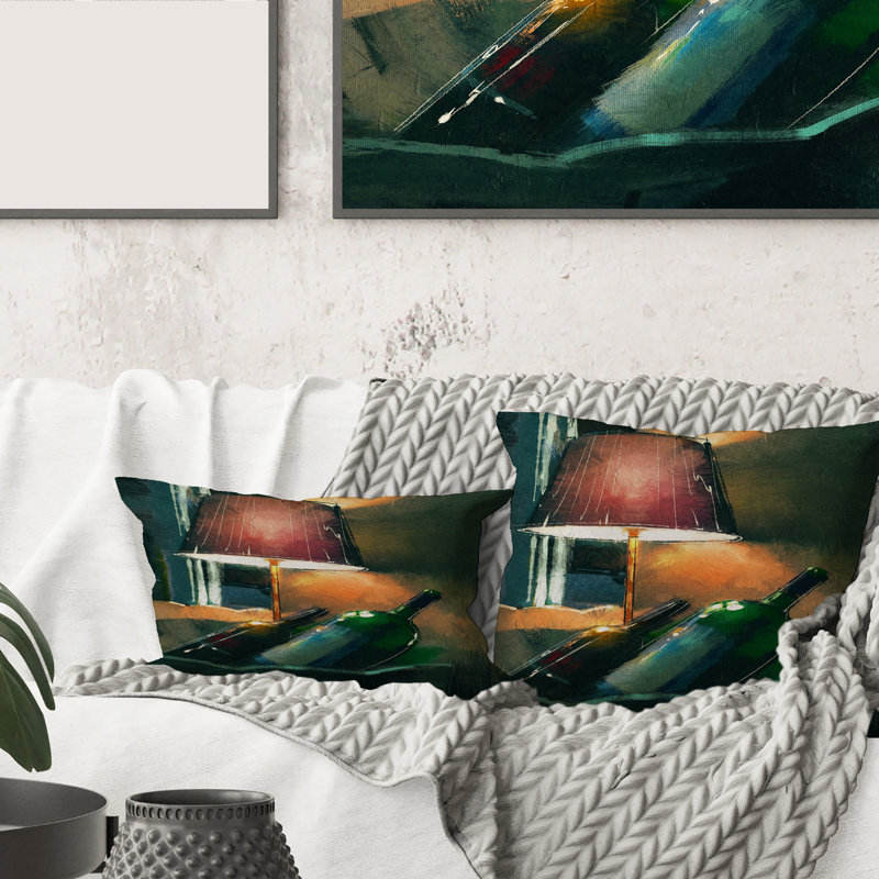 Housse et housse de coussin carré de bouteilles de vin et lampe brillante dans la nuit, 16" x 16"