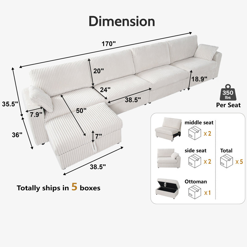 4 Seat Modular Sectional Sofa, Corduroy Couch With Storage Ottoman, Oversized Seat Cushion, Modular Design For Flexible Combinations, No-Tool Assembly, Includes 2 Throw Pillows