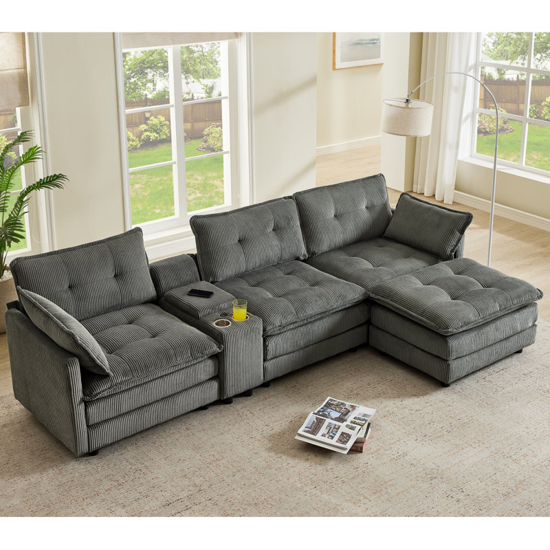 119" L-Shaped Oversized Corduroy Modular Sectional Sofa With 1 Ottoman And Multi Functional Console, 4-Seater Upholstered Couch With USB And 2 Cup Holder, Easy Assembly, For Living Room, Grey