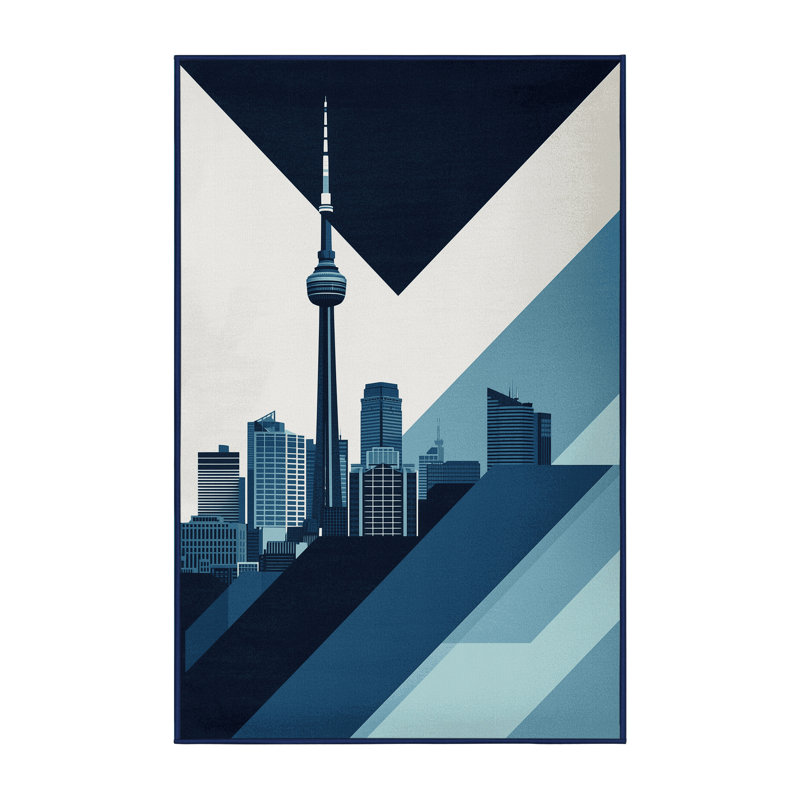 Soft Plush Rodolfo Auckland Skyline Modern & Contemporary Geometric Area Rug in Blue – Navy Binding, 4x6