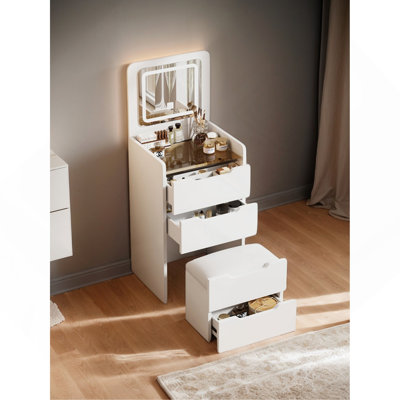 3 In 1 Vanity Desk With Plip Top Mirror,Small Make Up Vanity Set With Visible Glass Desktop,Compact Makeup Vanity With 3 Drawers,Dressing Table For Bedroom