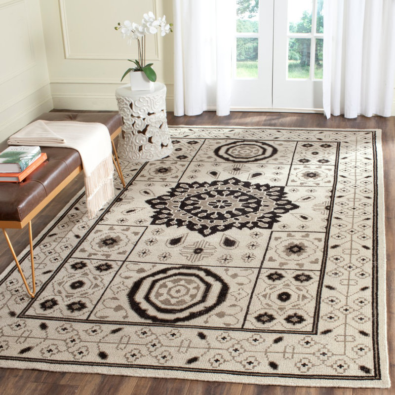 Tapis ivoire / gris en laine / coton noué à la main Chrystal, Rectangle 8 pi x 10 pi
