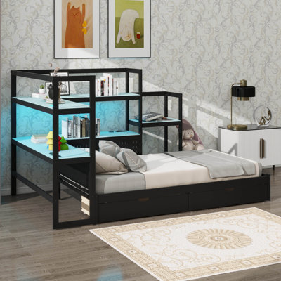 Lit de jour contemporain pour lit simple avec bureau intégré, 3 compartiments de rangement, station de charge et bibliothèque polyvalente pour tête de lit, équipée de lumières DEL