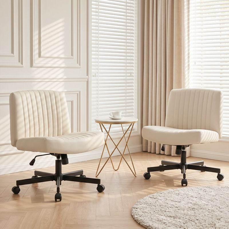 Chaise de bureau à dossier croisé, sans accoudoirs, avec roulettes et coussin épais, Simili cuir, Beige