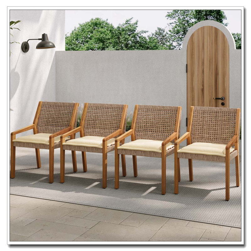 Ensemble de 4 chaises d'extérieur avec coussin en bois d'acacia, osier et crème
