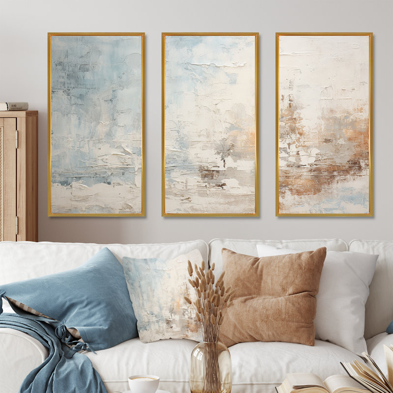 Ensemble de décorations murales Beige Blue Ocean Storm II - formes abstraites, Cadre flottant doré